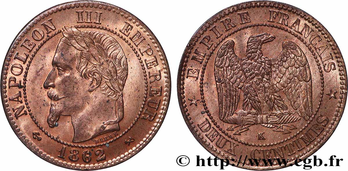 Deux centimes Napoléon III, tête laurée, buste définitif 1862 Bordeaux F.108A/7 MS62 