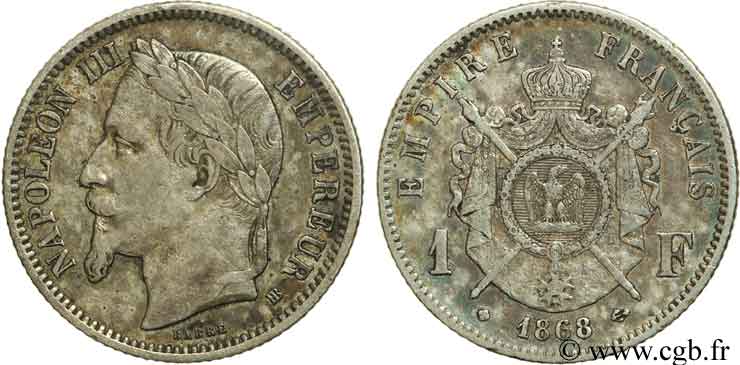 1 franc Napoléon III, tête laurée 1868 Strasbourg F.215/11 AU50 