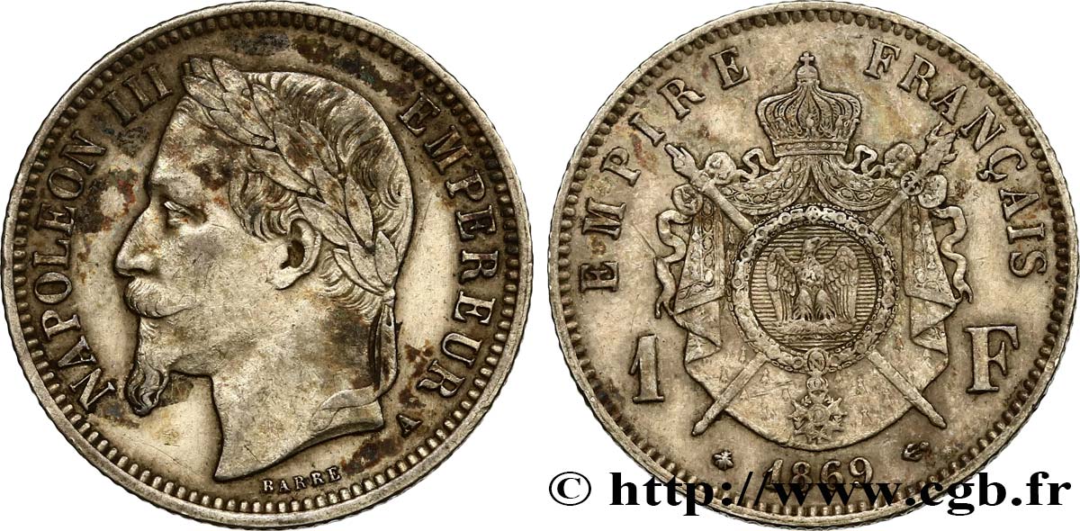 1 franc Napoléon III, tête laurée 1869 Paris F.215/14 MBC48 