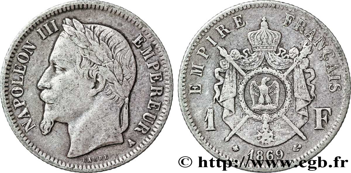 1 franc Napoléon III, tête laurée 1869 Paris F.215/14 S25 