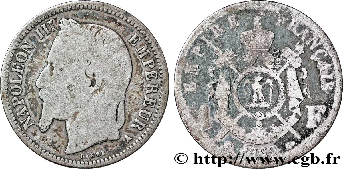 1 franc Napoléon III, tête laurée 1869 Paris F.215/14 F12 