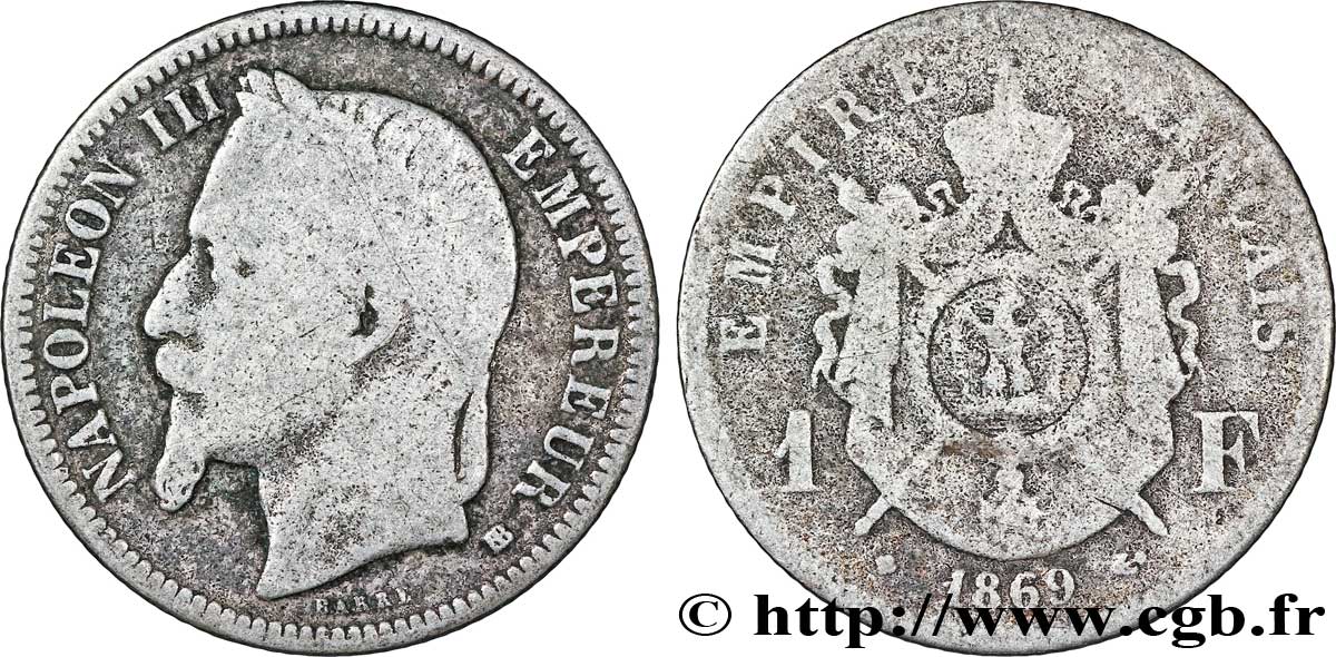 1 franc Napoléon III, tête laurée 1869 Strasbourg F.215/15 SGE12 