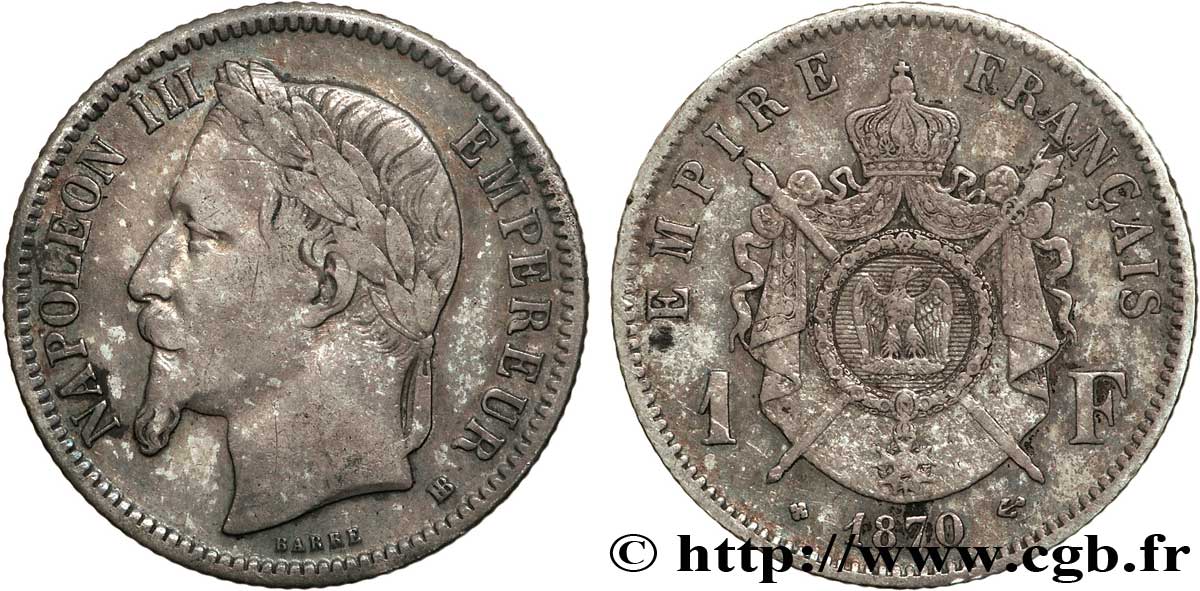 1 franc Napoléon III, tête laurée 1870 Strasbourg F.215/16 XF40 