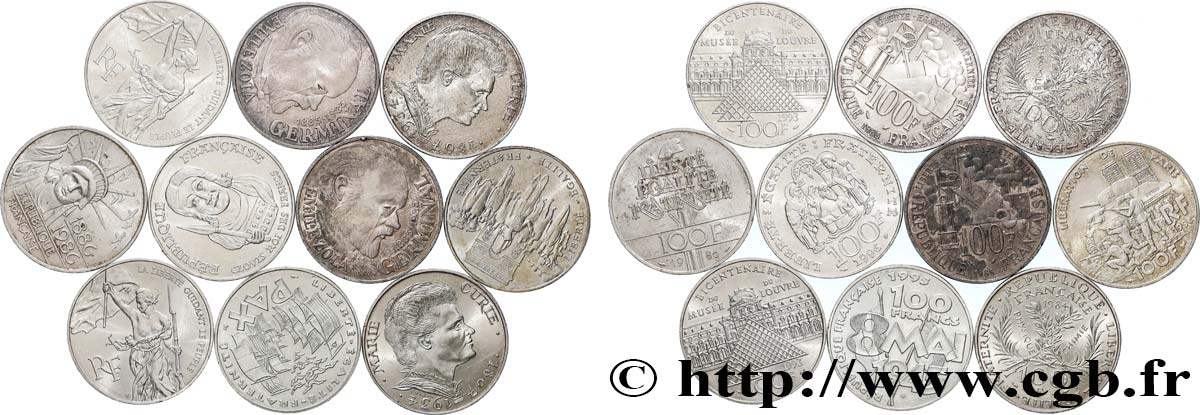 Lot de 10 pièces de 100 francs commémoratives - - F.-/ TTB 