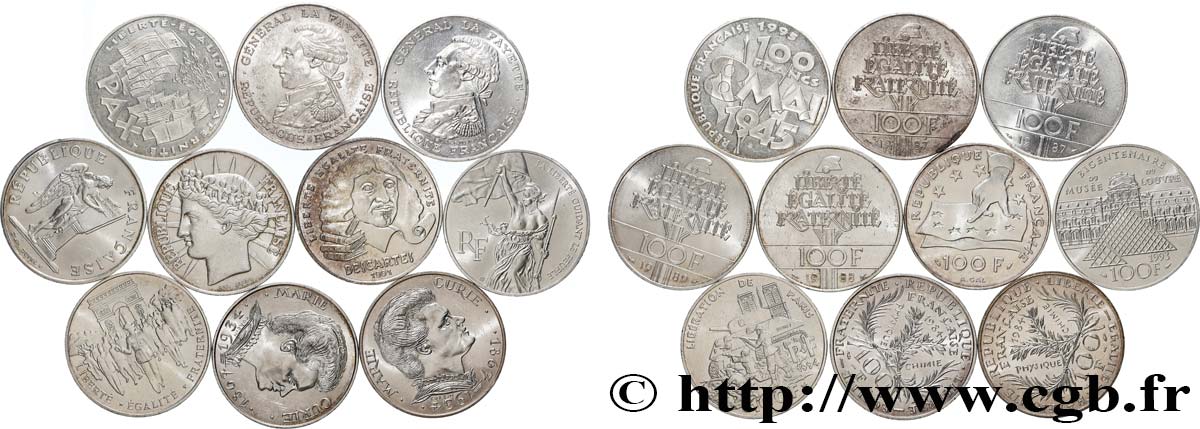 Lot de 10 pièces de 100 francs commémoratives - - F.-/ XF 