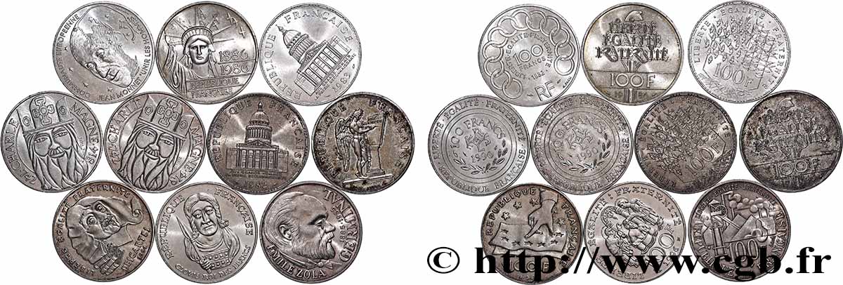 Lot de 10 pièces de 100 francs commémoratives - - F.-/ TTB 