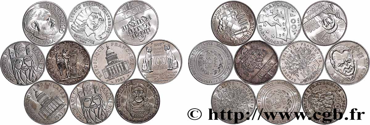 Lot de 10 pièces de 100 francs commémoratives - - F.-/ TTB 