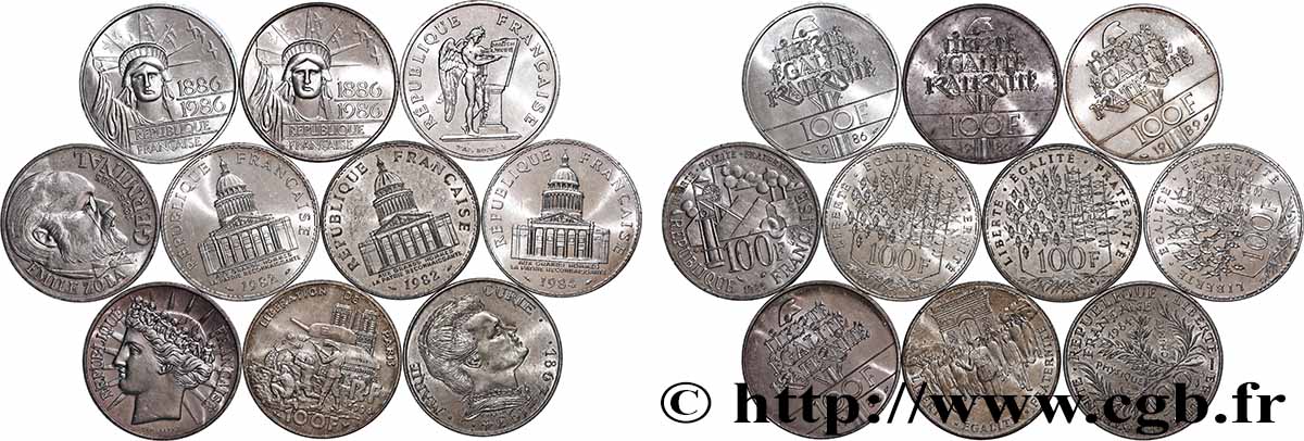 Lot de 10 pièces de 100 francs commémoratives - - F.-/ XF 