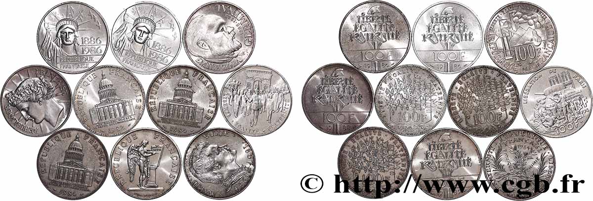 Lot de 10 pièces de 100 francs commémoratives - - F.-/ XF 