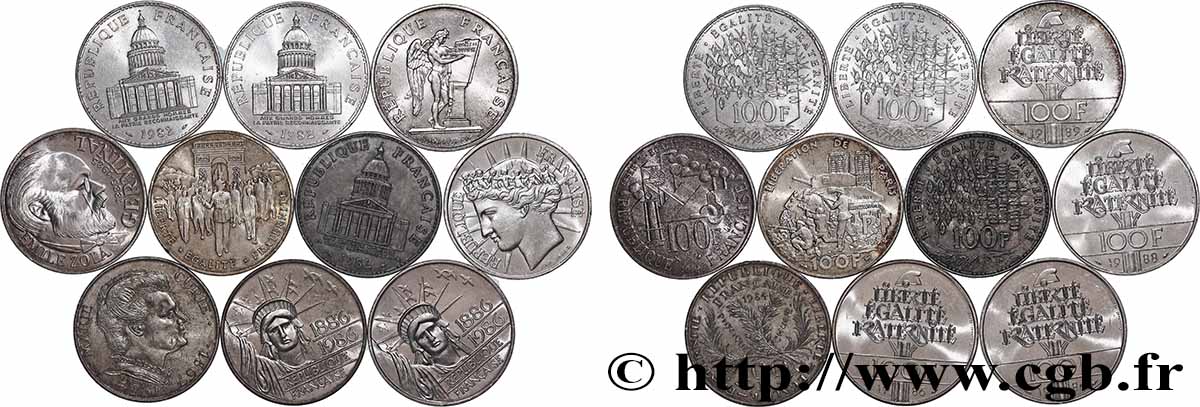 Lot de 10 pièces de 100 francs commémoratives - - F.-/ XF 