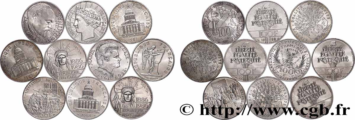 Lot de 10 pièces de 100 francs commémoratives - - F.-/ TTB 