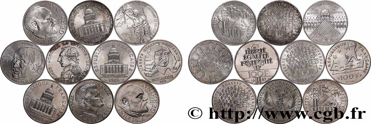 Lot de 10 pièces de 100 francs commémoratives - - F.-/ TTB 
