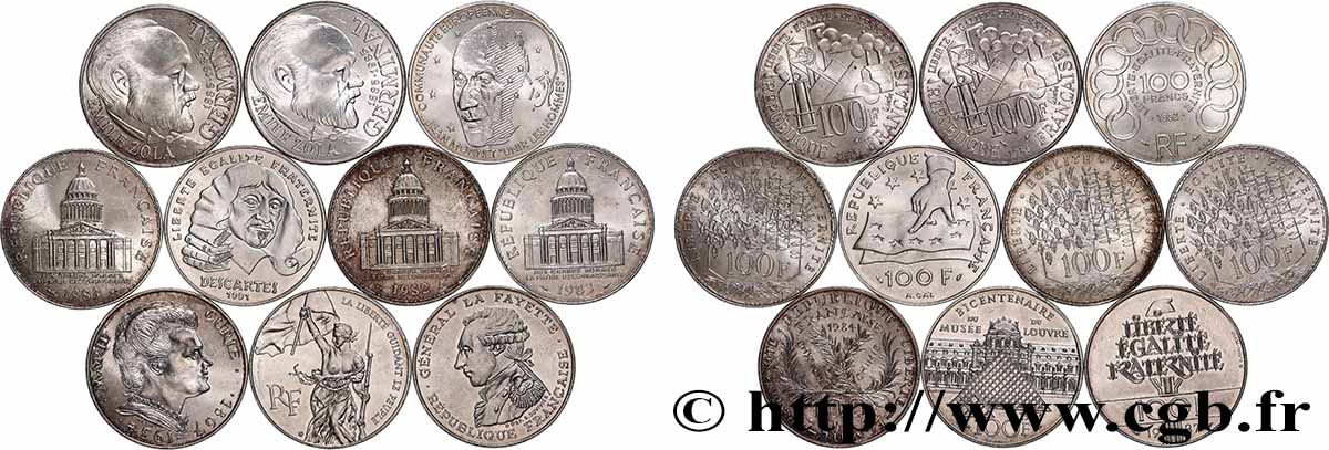 Lot de 10 pièces de 100 francs commémoratives - - F.-/ TTB 