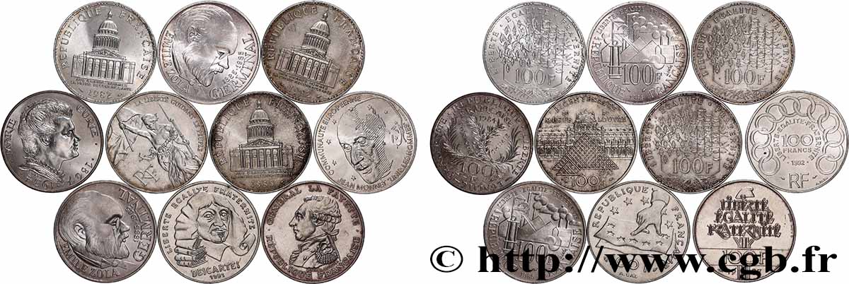 Lot de 10 pièces de 100 francs commémoratives - - F.-/ XF 