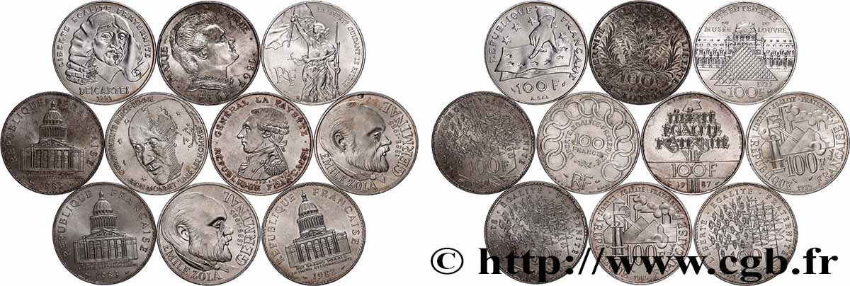 Lot de 10 pièces de 100 francs commémoratives - - F.-/ TTB 