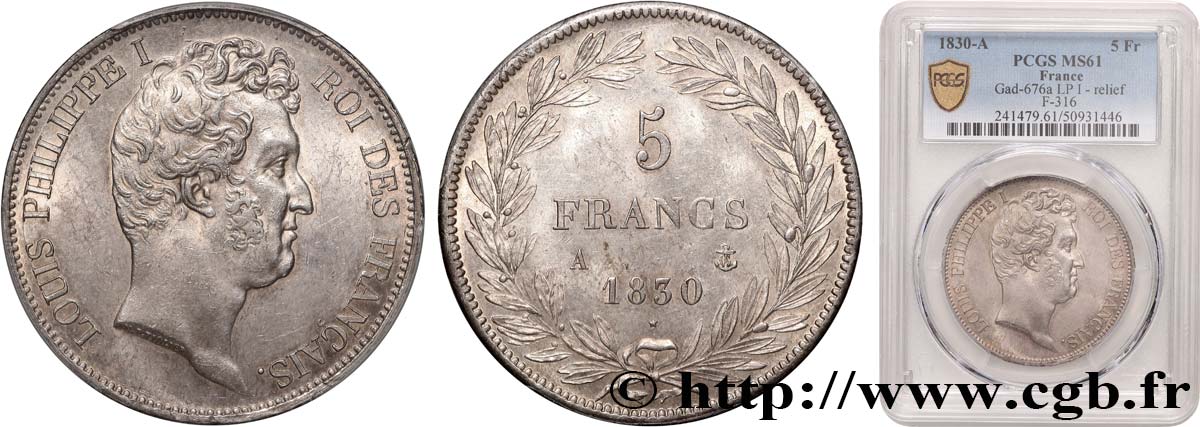 5 francs type Tiolier avec le I, tranche en relief 1830 Paris F.316/1 MS61 PCGS