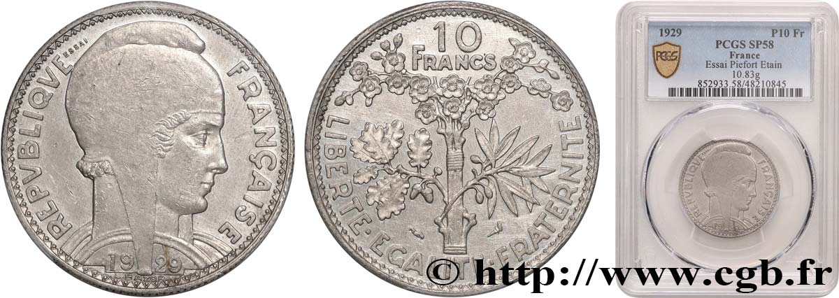 Essai-Piéfort en étain de 10 francs par Bazor, concours de 1929 1929 Paris GEM.161 var. SUP58 PCGS