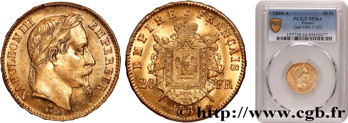 20 francs or Napoléon III, tête laurée 1868 Paris F.532/18 SPL64 PCGS