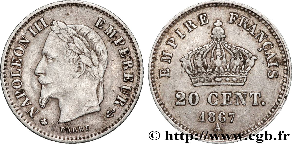 20 centimes Napoléon III, tête laurée, grand module 1867 Paris F.150/1 VF 