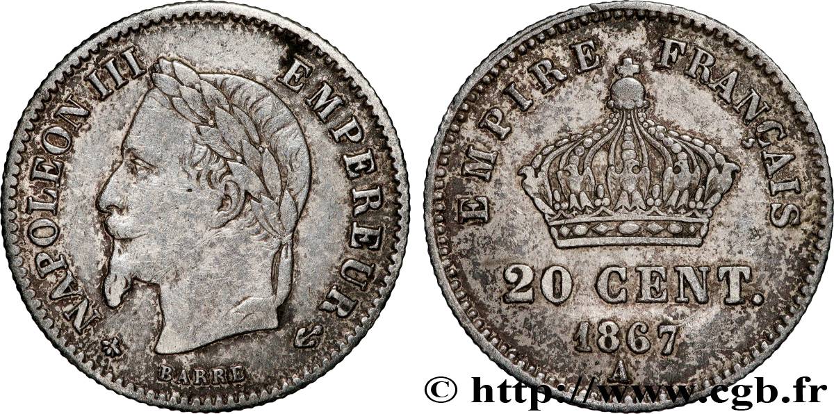 20 centimes Napoléon III, tête laurée, grand module 1867 Paris F.150/1 BB 