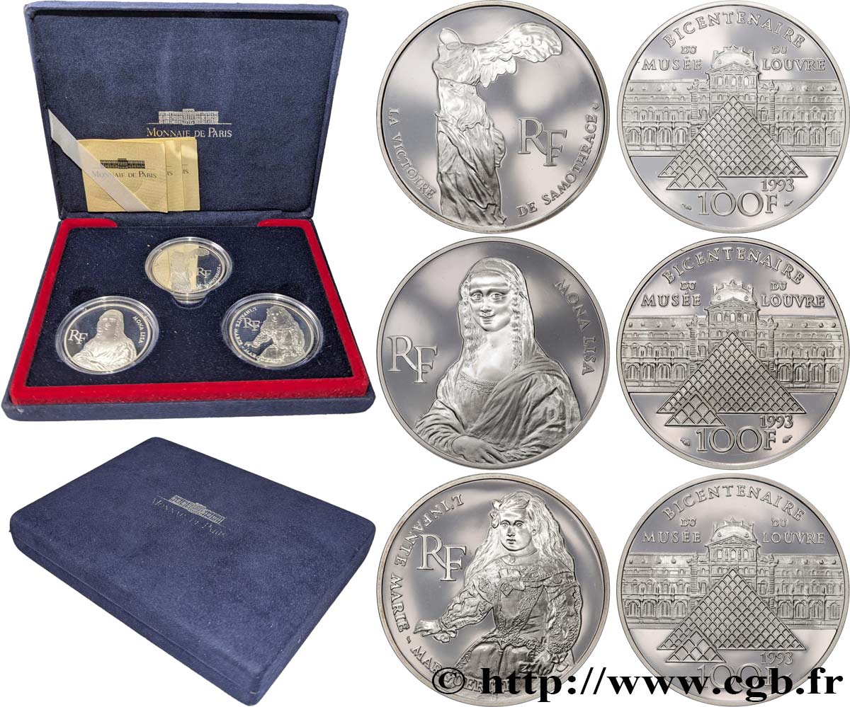 Coffret de trois 100 francs Belle Épreuve - Bicentenaire du Musée du Louvre 1993 Pessac F5.1622 2 FDC 