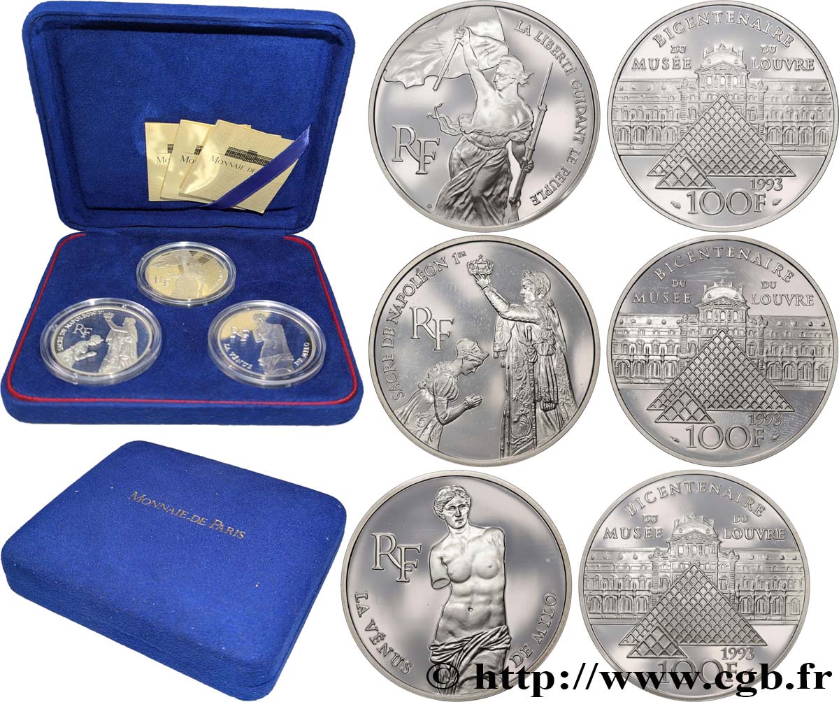 Coffret de trois 100 francs Belle Épreuve - Bicentenaire du Musée du Louvre 1993 Pessac F5.1621 2 FDC 