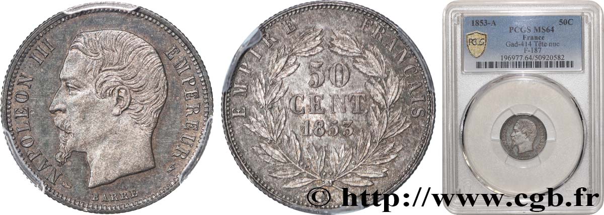 50 centimes Napoléon III, tête nue 1853 Paris F.187/1 MS64 PCGS