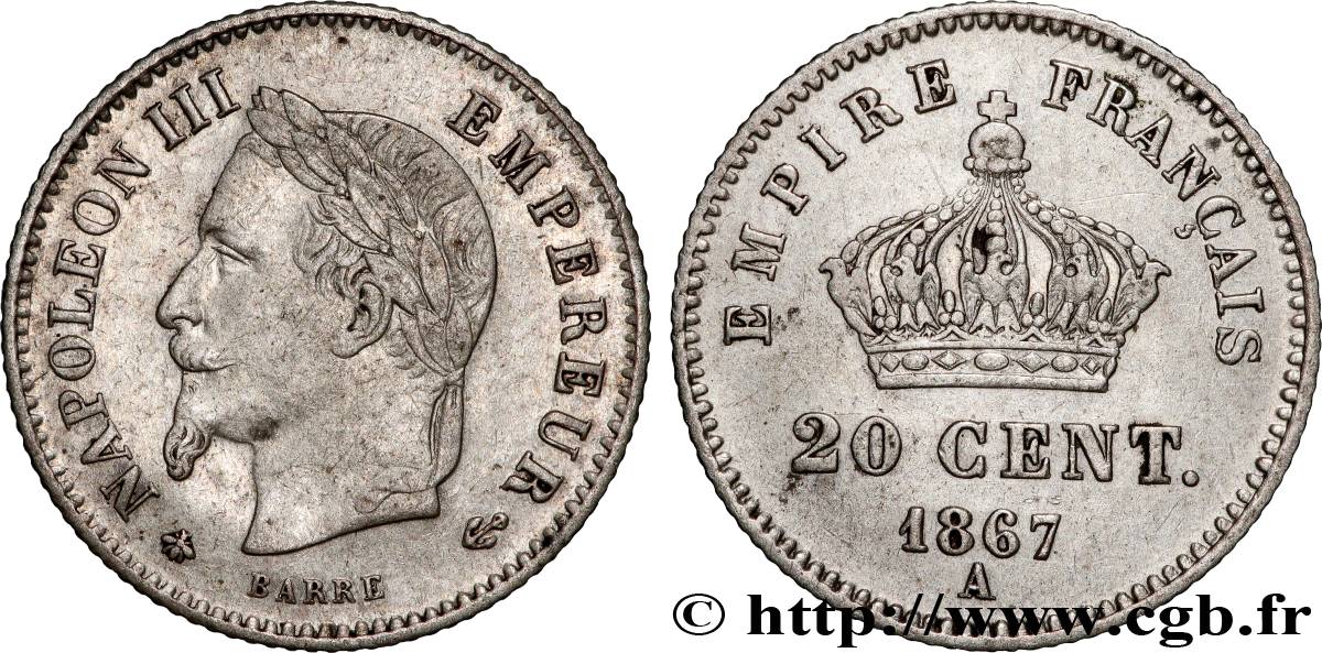 20 centimes Napoléon III, tête laurée, grand module 1867 Paris F.150/1 XF 