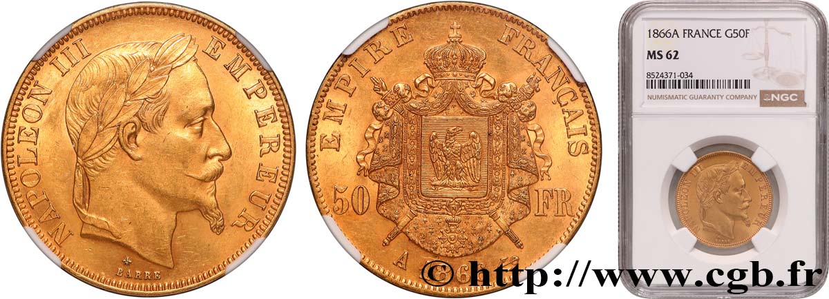 50 francs or Napoléon III, tête laurée 1866 Paris F.548/6 SUP62 NGC
