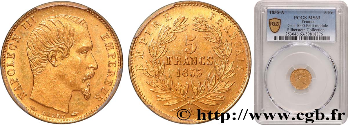 5 francs or Napoléon III, tête nue, petit module, tranche cannelée 1855 Paris F.500A/2 MS63 PCGS
