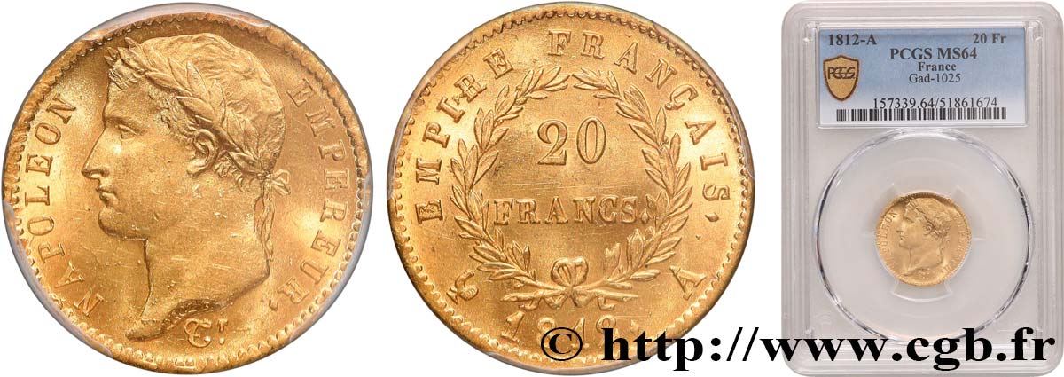 20 francs or Napoléon, tête laurée, Empire français 1812 Paris F.516/22 SPL64 PCGS