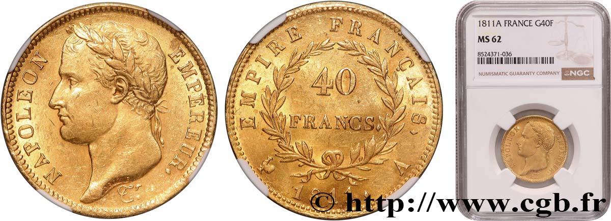 40 francs or Napoléon tête laurée, Empire français 1811 Paris F.541/6 MS62 NGC