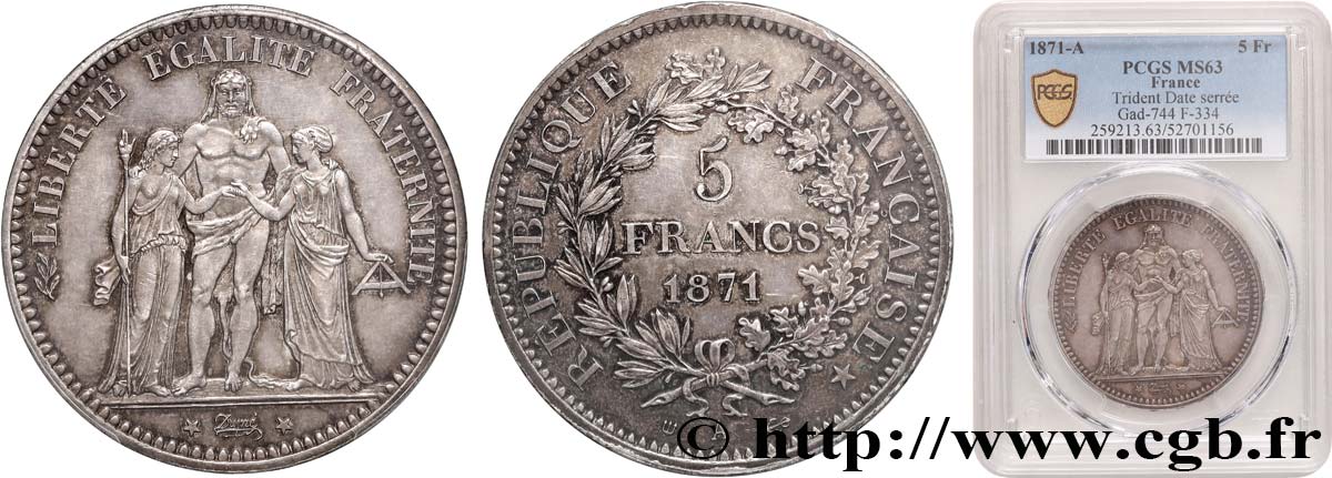 5 francs Hercule, dite “Camélinat” 1871 Paris F.334/3 SPL63 PCGS