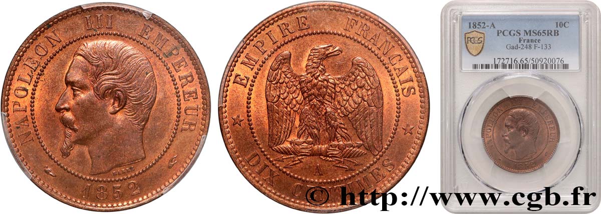 Dix centimes Napoléon III, tête nue 1852 Paris F.133/1 MS65 PCGS