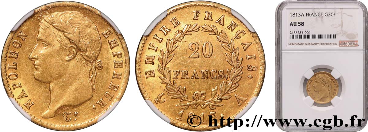 20 francs or Napoléon, tête laurée, Empire français 1813 Paris F.516/30 AU58 NGC