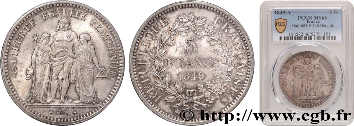 5 francs Hercule, IIe République 1849 Paris F.326/5 MS66 PCGS