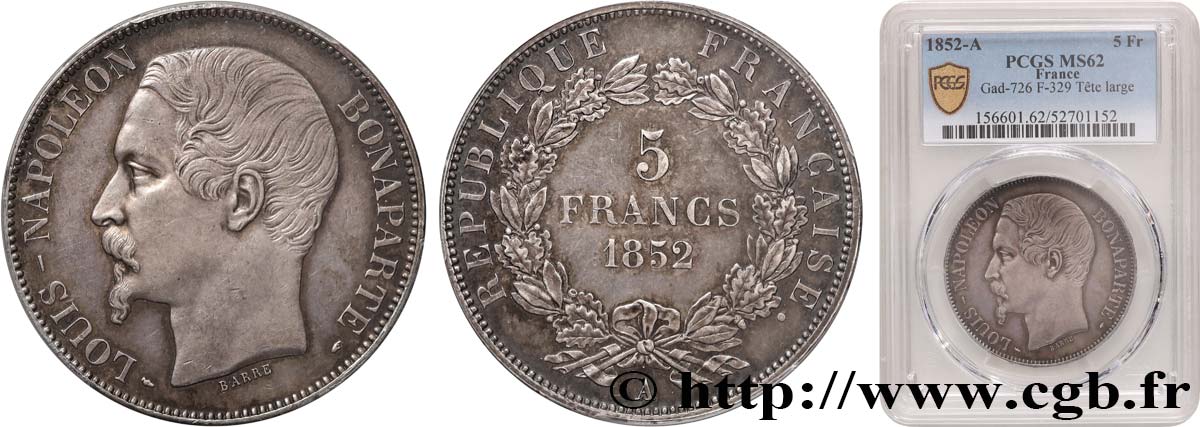 5 francs Louis-Napoléon, 1er type 1852 Paris F.329/1 MS62 PCGS