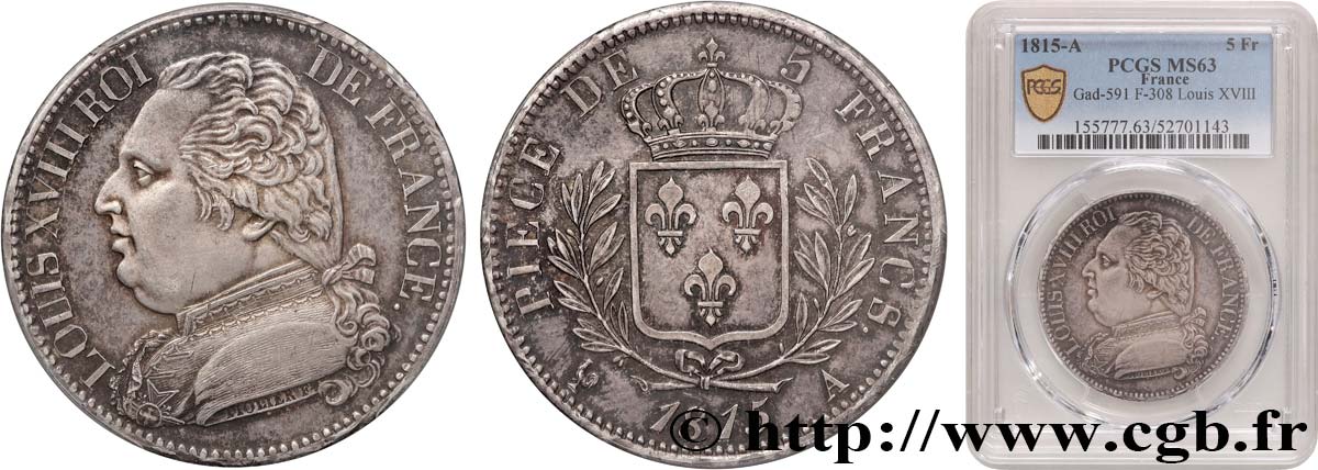 5 francs Louis XVIII, buste habillé 1815 Paris F.308/14 MS63 PCGS