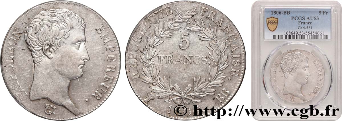 5 francs Napoléon Empereur, Calendrier grégorien 1806 Strasbourg F.304/3 AU53 PCGS