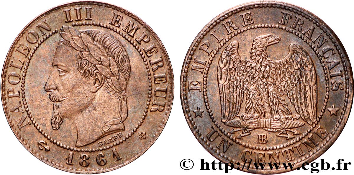 Un centime Napoléon III, tête laurée 1861 Strasbourg F.103/2 AU 