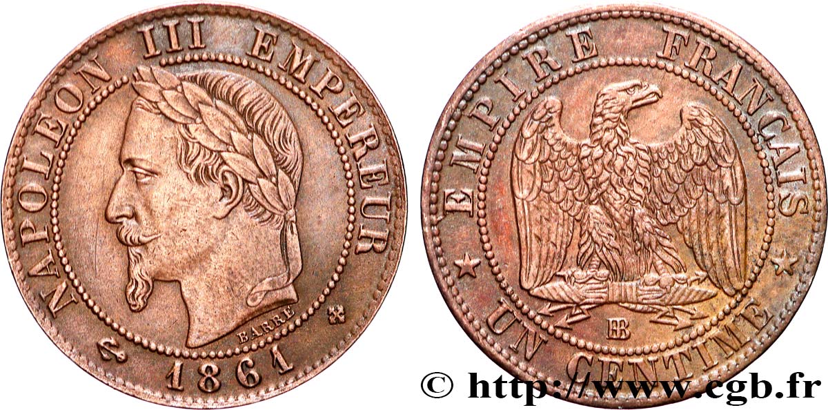 Un centime Napoléon III, tête laurée 1861 Strasbourg F.103/2 AU 