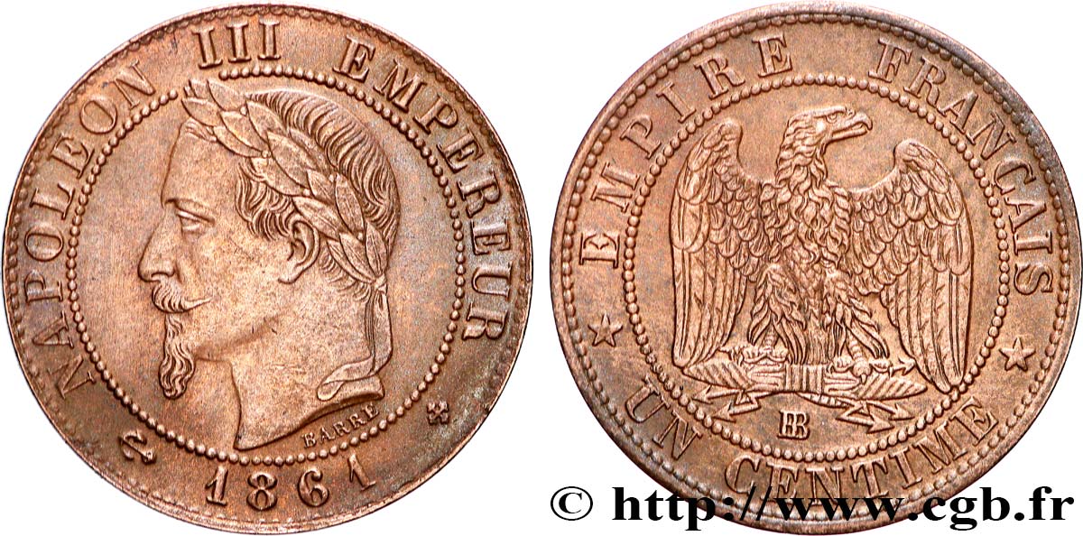 Un centime Napoléon III, tête laurée 1861 Strasbourg F.103/2 SUP 