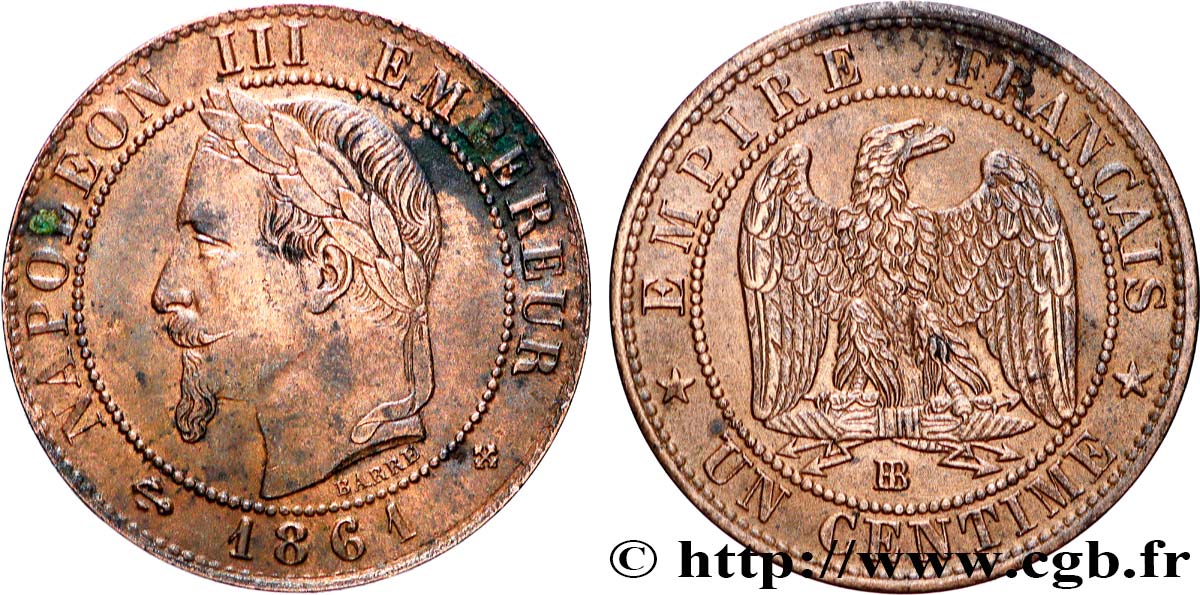 Un centime Napoléon III, tête laurée 1861 Strasbourg F.103/2 AU 