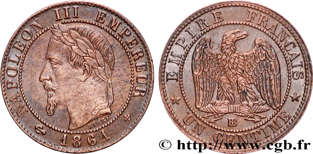 Un centime Napoléon III, tête laurée 1861 Strasbourg F.103/2 SUP 