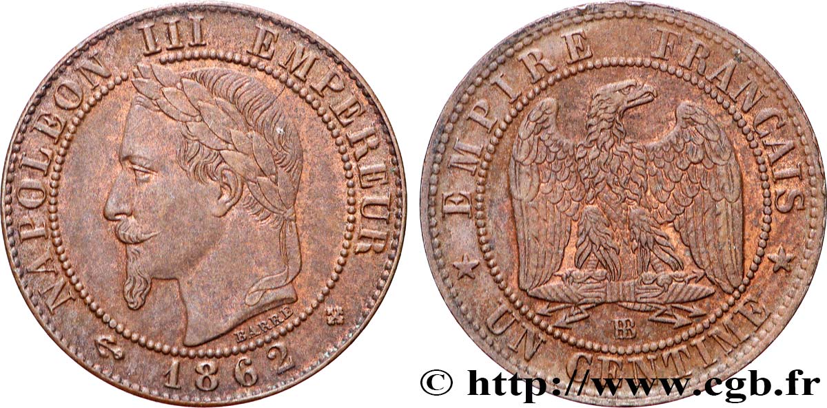 Un centime Napoléon III, tête laurée 1862 Strasbourg F.103/5 q.SPL 