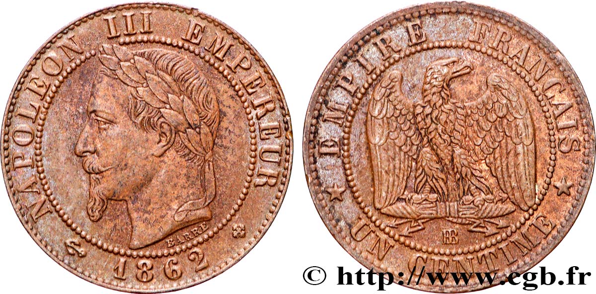 Un centime Napoléon III, tête laurée 1862 Strasbourg F.103/5 AU 