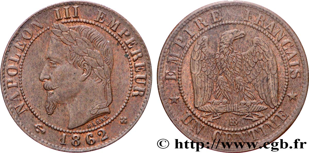 Un centime Napoléon III, tête laurée 1862 Strasbourg F.103/5 TTB+ 