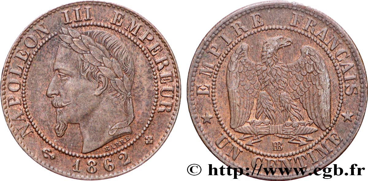 Un centime Napoléon III, tête laurée 1862 Strasbourg F.103/5 TTB+ 