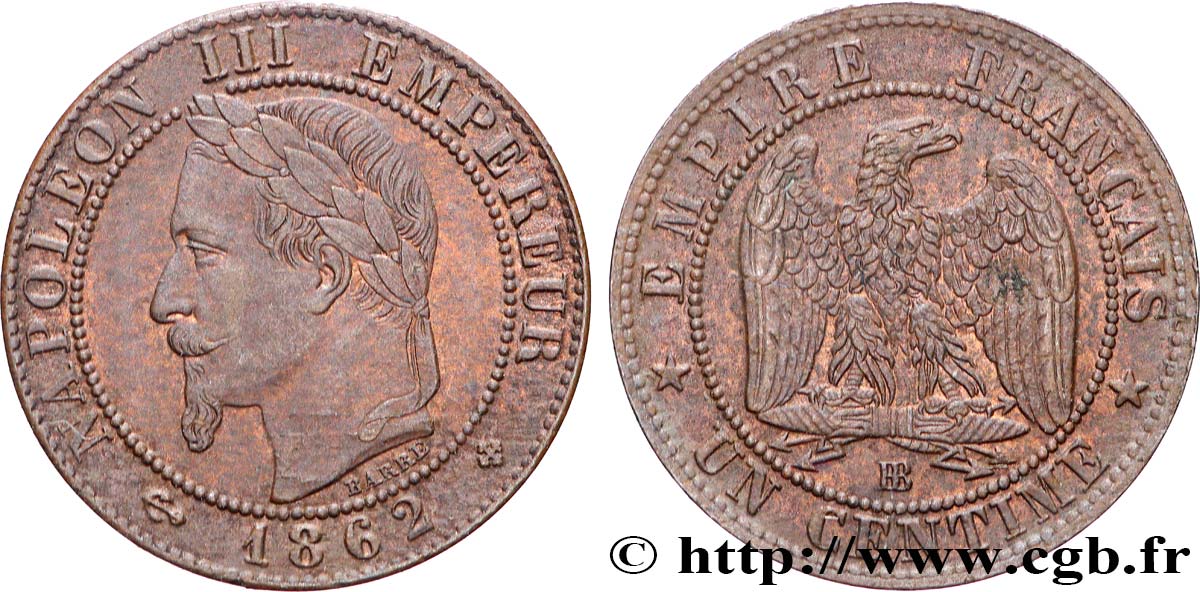 Un centime Napoléon III, tête laurée 1862 Strasbourg F.103/5 TTB+ 