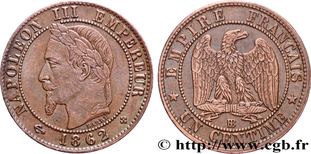 Un centime Napoléon III, tête laurée 1862 Strasbourg F.103/5 AU 